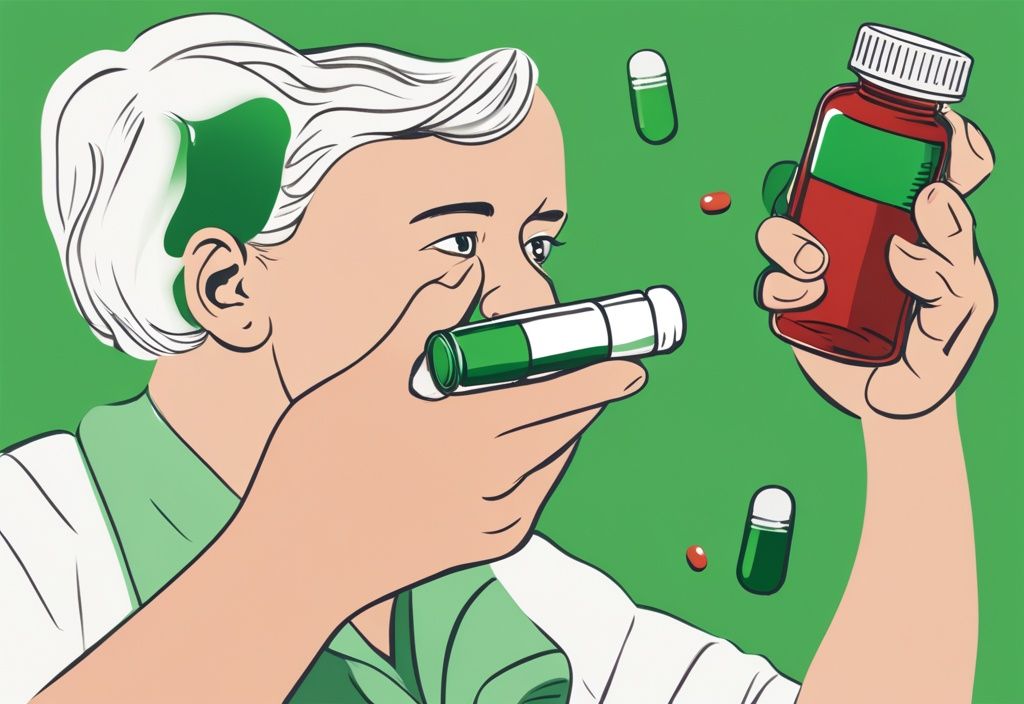 Illustrazione fotorealistica moderna di una persona che tiene una bottiglia di capsule di Astaxantina, accanto a un portapillole giornaliero, tema colore verde.