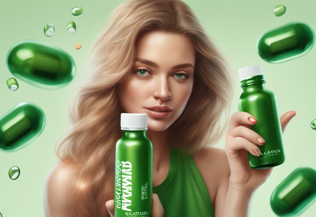 Donna radiosa con capelli sani tiene una bottiglia di integratore di Astaxantina, con capsule sparse intorno, illustrazione fotorealistica moderna a tema verde.