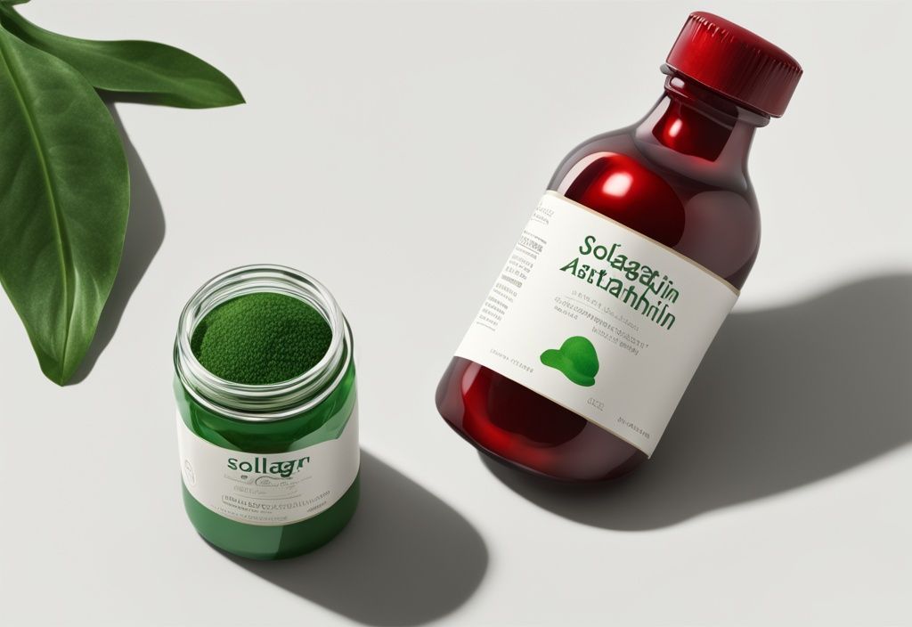 Illustrazione fotorealistica moderna di una bottiglia di Solgar Astaxanthin con etichetta del prezzo su sfondo bianco minimalista, tema colore verde.