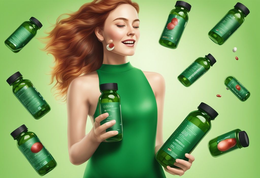 Donna radiosa con capelli sani tiene una bottiglia di integratore di Astaxantina, con alcune capsule sparse intorno, illustrazione fotorealistica moderna a tema verde.