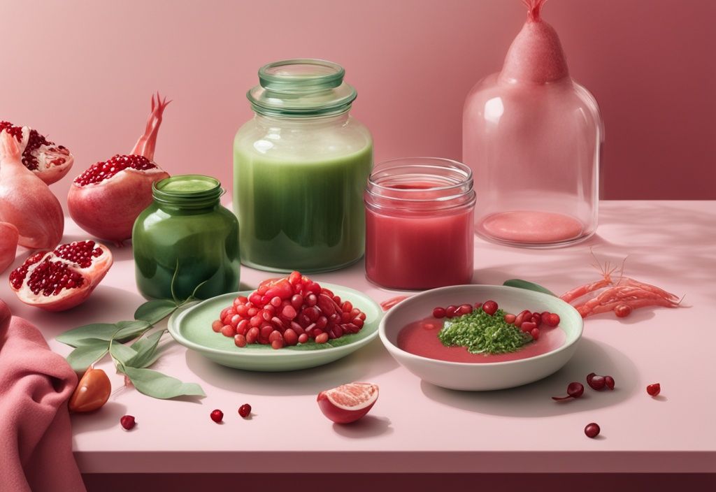 Illustrazione fotorealistica moderna con tema verde, tavolo con ingredienti naturali come melograni, gamberi e un barattolo fatto in casa di crema all'Astaxantina rosso-rosata sotto luce naturale morbida.