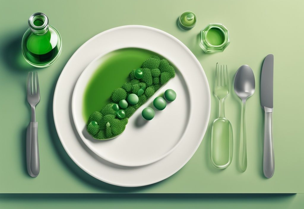 Illustrazione fotorealistica di un pasto sano su un tavolo con pillole di astaxantina da un lato e una bottiglia di capsule dall'altro, tema principale verde, astaxantina prima o dopo i pasti.