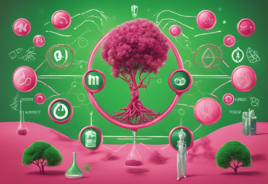 Illustrazione fotorealistica moderna con tema verde, molecola di astaxantina longlife rosso-rosa circondata da simboli di longevità come clessidra, infinito, alberi con radici estese e anziani attivi e sani.