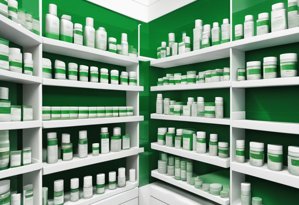 Illustrazione fotorealistica moderna di creme all'astaxantina in una farmacia moderna con tema verde