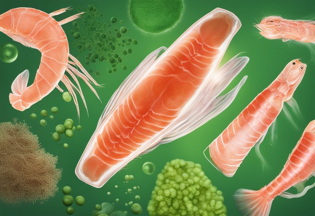 Illustrazione fotorealistica moderna con tema verde, raffigurante fonti di astaxantina come salmone, gamberi e microalghe, con raggi luminosi che indicano le proprietà benefiche dell'astaxantina.