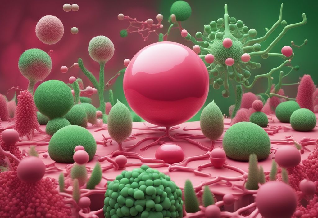 Illustrazione fotorealistica moderna con tema verde, molecola di astaxantina rosso-rosa al centro circondata da strutture organiche, simbolo della sua origine naturale e biologica.