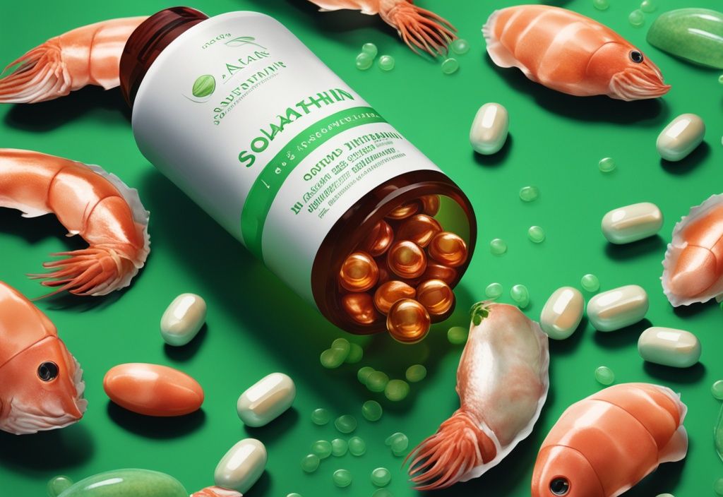 Illustrazione fotorealistica di una bottiglia di integratore Astaxantina Solgar, circondata da capsule e frutti di mare freschi, tema colore verde.