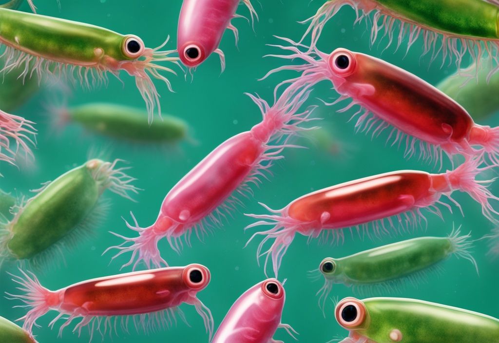 Illustrazione fotorealistica moderna con un krill rosa vibrante sotto acqua cristallina, ricco di pigmentazione rossastra di astaxantina in farmacia.