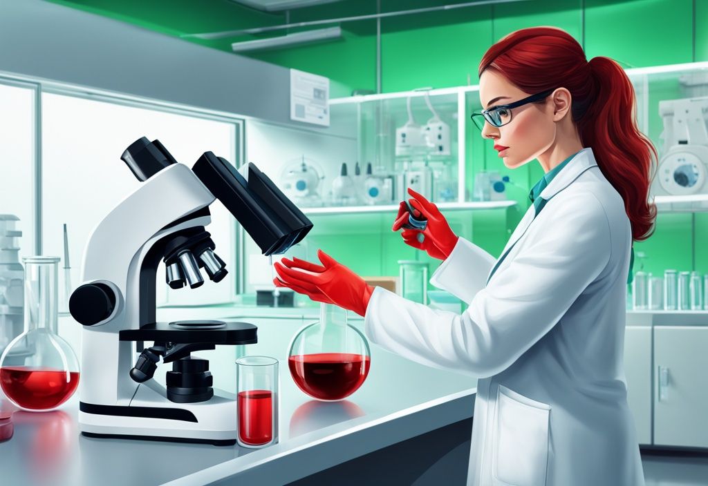 Scienziata donna in camice bianco osserva un piatto di Petri con Astaxantina rossa al microscopio in un laboratorio high-tech, illustrazione fotorealistica moderna con tema colore verde.