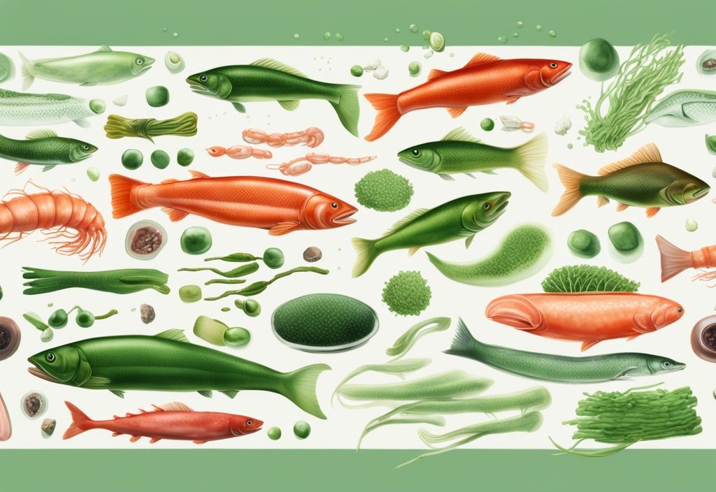 Illustrazione fotorealistica moderna con tema verde che mostra astaxantina dove si trova in fonti naturali come salmone, krill, microalghe e gamberetti.