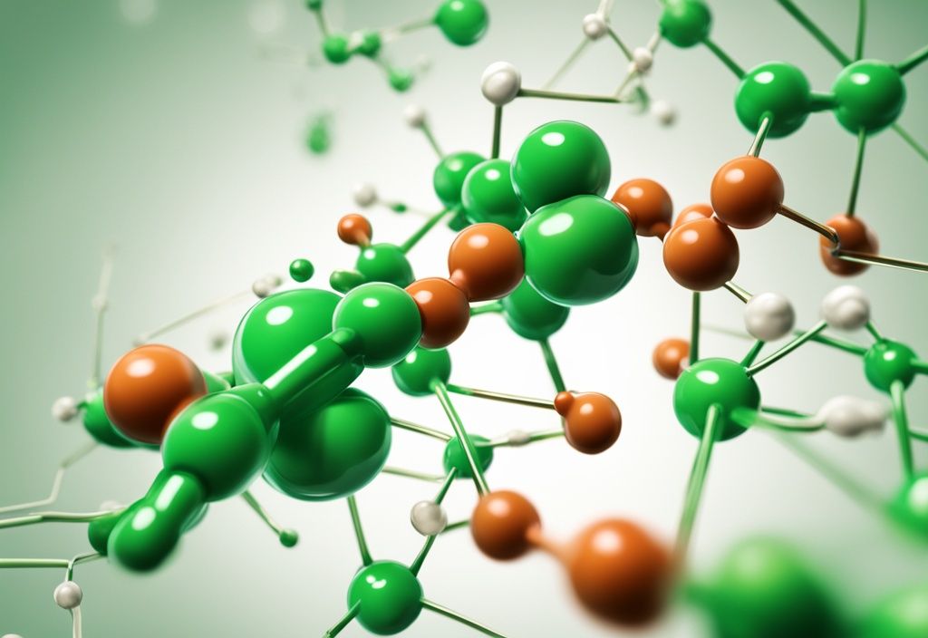 Illustrazione fotorealistica moderna con tema verde, che mostra una struttura molecolare vibrante di astaxantina accanto a un comune farmaco statina per evidenziare il confronto; astaxantina è una statina.